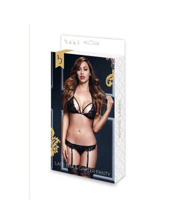 Sort Blonde BH Garter & Åbent Skridt Trusse One Size Baci Lingerie BW3101 Sort (Onesize)