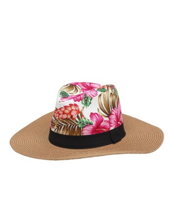 Wide-brimmed Straw Hat Flowers Pink