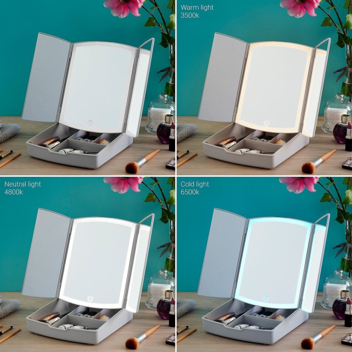 Specchio a LED Pieghevole con Contenitore per Trucchi 3 in 1 Panomir InnovaGoods