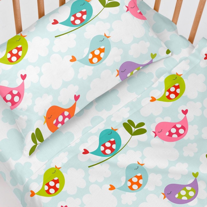 Juego de Sábanas HappyFriday Mr Fox Little Birds Multicolor Cuna de Bebé 2 Piezas