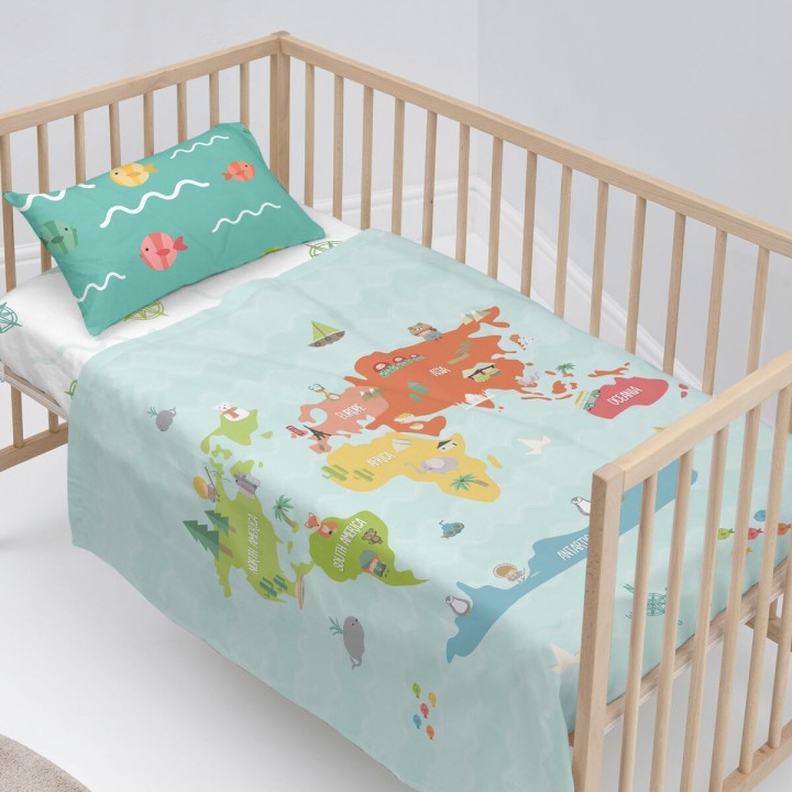 Set di Lenzuola HappyFriday Happynois World Map Multicolore Culla Neonato 2 Pezzi