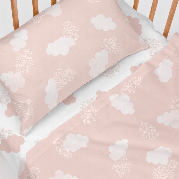 Sengetøj sæt HappyFriday Basic Kids Clouds Pink Vugge til baby 2 Dele