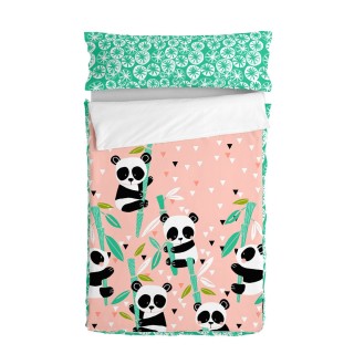 Vatteret sengetøj med lynlås HappyFriday Moshi Moshi Panda Garden Pink 105 x 200 cm