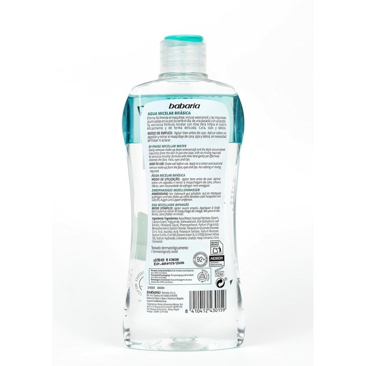 Bifasisk Ansigt Makeupfjerner Babaria Micellar vand Aloe Vera (400 ml)