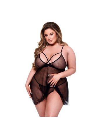 Set di Lingerie Baci Lingerie Babydoll &amp; G-string Nero 2 Pezzi (Queen size)